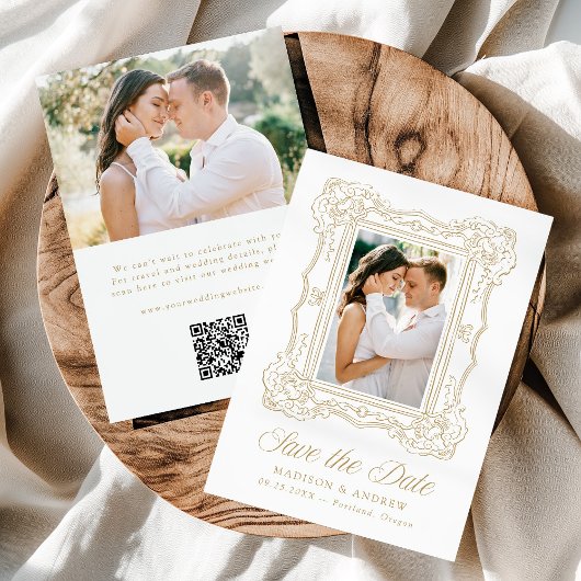 Elegant Gold Ornate Frame 2 Photo QR Code Wedding Save The Date