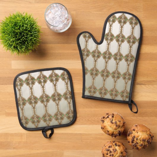 Elegant Gold Ornate Ovenwant & Pannenlap Set (Top down)