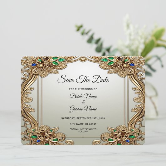 Elegant Gold Ornate Save The Date (Staand voorkant)
