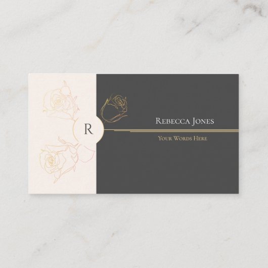 Elegant Gold Outline Roos Monogram crème donkergri Visitekaartje (Achterkant)