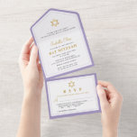 Elegant Gold Paars Bat Mitzvah All In One Uitnodiging<br><div class="desc">Elegant Gold Paars Bat Mitzvah All in One Invision</div>