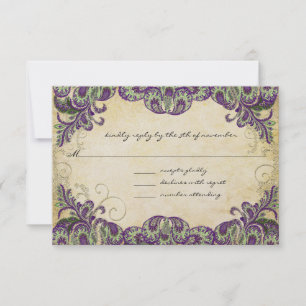 Elegant Gold Paars en Green Peacock Wedding RSVP Kaartje