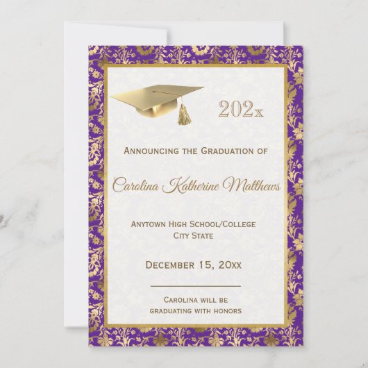 Elegant Gold Paars Floral Afstuderen Aankondiging (Voorkant)
