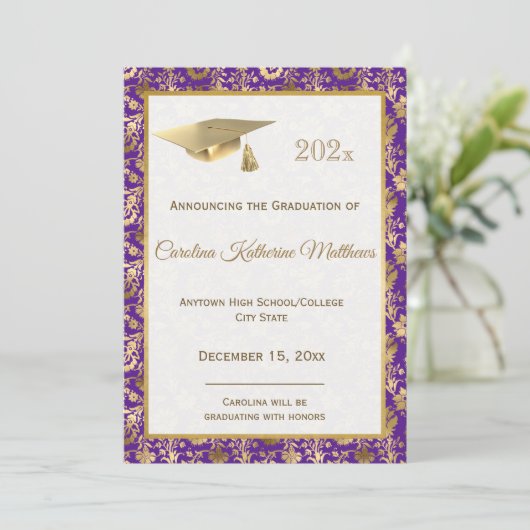 Elegant Gold Paars Floral Afstuderen Aankondiging (Staand voorkant)