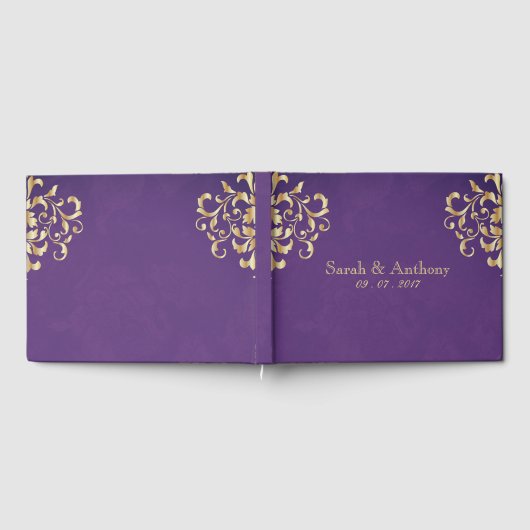 Elegant Gold & Paarse Damask Bruiloft Gastenboek (Volledig)