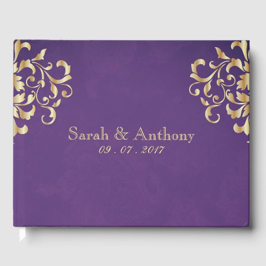 Elegant Gold & Paarse Damask Bruiloft Gastenboek (Voorkant)