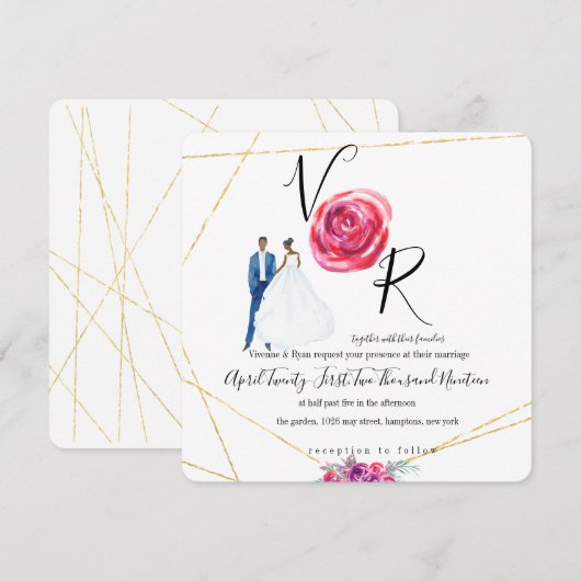 Elegant Gold Paarse Floral Wedding Invitation Kaart (Voorkant / Achterkant)