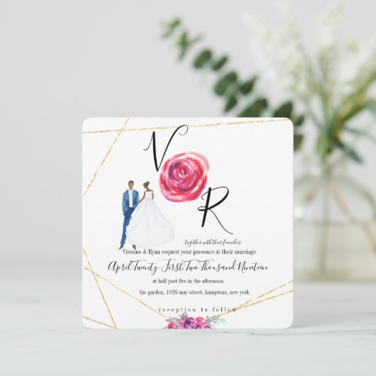 Elegant Gold Paarse Floral Wedding Invitation Kaart (Staand voorkant)