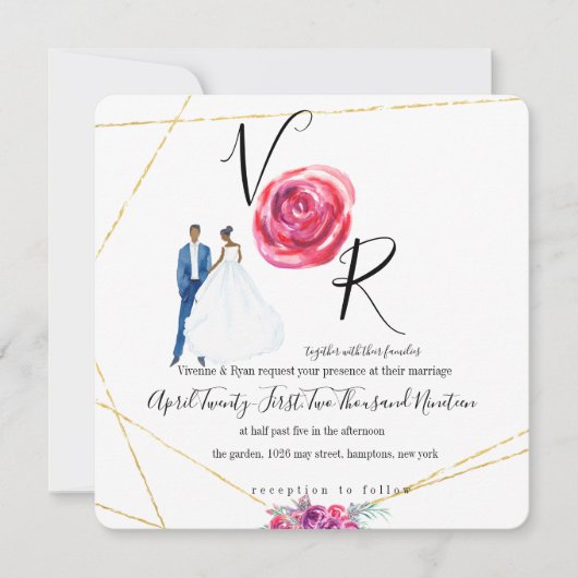 Elegant Gold Paarse Floral Wedding Invitation Kaart (Voorkant)