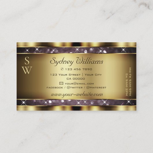 Elegant Gold Paarse Glitter Sparkle Stars Monogram Visitekaartje (Achterkant)