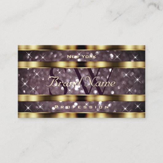 Elegant Gold Paarse Glitter Sparkle Stars Monogram Visitekaartje (Voorkant)