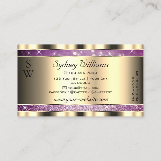Elegant Gold Paarse Glitter Sparkle Stars Monogram Visitekaartje (Achterkant)