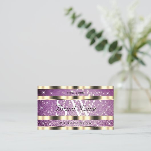 Elegant Gold Paarse Glitter Sparkle Stars Monogram Visitekaartje (Staand voorkant)