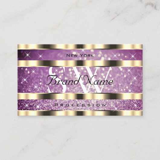 Elegant Gold Paarse Glitter Sparkle Stars Monogram Visitekaartje (Voorkant)