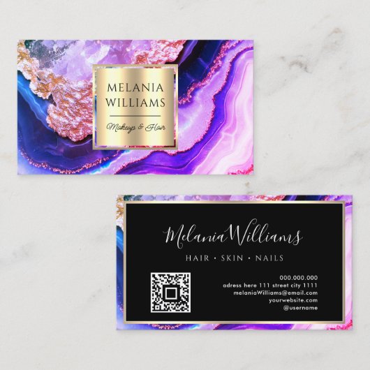 Elegant Gold Paarse marmer Agate Geode QR Code Visitekaartje (Voorkant / Achterkant)