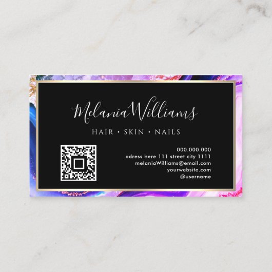 Elegant Gold Paarse marmer Agate Geode QR Code Visitekaartje (Achterkant)