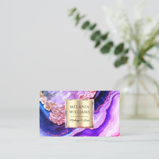 Elegant Gold Paarse marmer Agate Geode QR Code Visitekaartje (Staand voorkant)