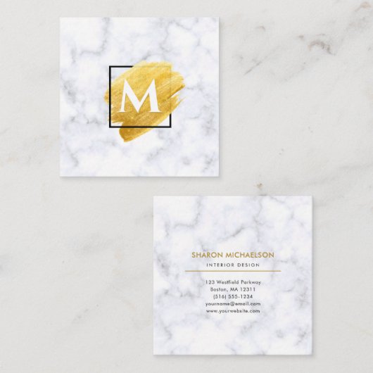 Elegant Gold Paint Swash Marble Monogram Vierkante Visitekaartje (Voorkant / Achterkant)