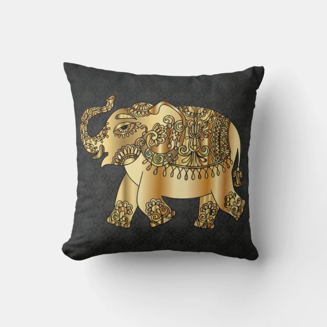 Elegant Gold Paisley Elephant, Black Damask Kussen (Voorkant)