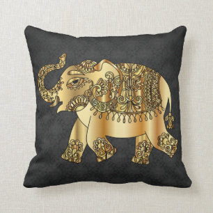 Elegant Gold Paisley Elephant, Black Damask Kussen
