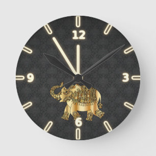 Elegant Gold Paisley Elephant, Black Damask Ronde Klok