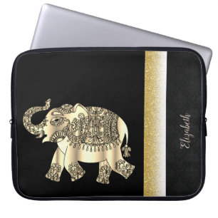 Elegant Gold Paisley Elephant, Damask - Personaliz Laptop Sleeve
