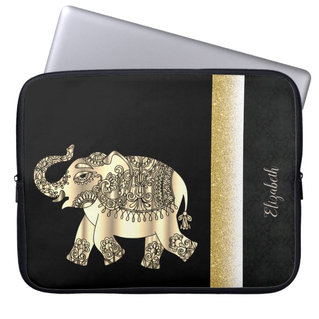 Elegant Gold Paisley Elephant, Damask - Personaliz Laptop Sleeve (Voorkant)
