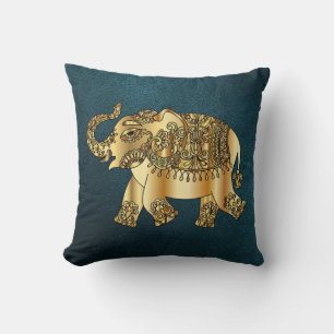 Elegant Gold Paisley Elephant, Green Leather Kijk  Kussen