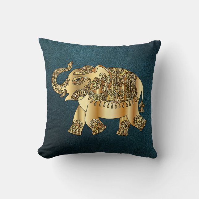 Elegant Gold Paisley Elephant, Green Leather Kijk  Kussen (Voorkant)