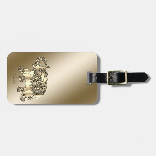 Elegant Gold Paisley Elephant-Personalized Bagagelabel (Voorkant horizontaal)