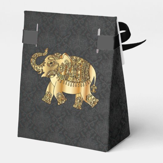 Elegant Gold Paisley Floral Elephant, Black Damask Bedankdoosjes (Achterkant)