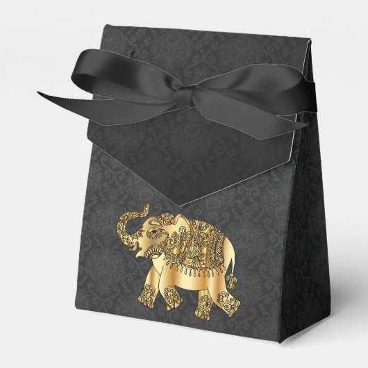 Elegant Gold Paisley Floral Elephant, Black Damask Bedankdoosjes (Voorkant Zijde)