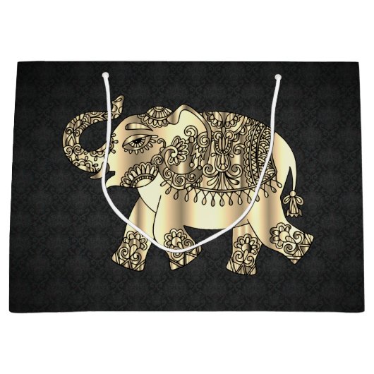 Elegant Gold Paisley Floral Elephant, Black Damask Groot Cadeauzakje (Voorkant)