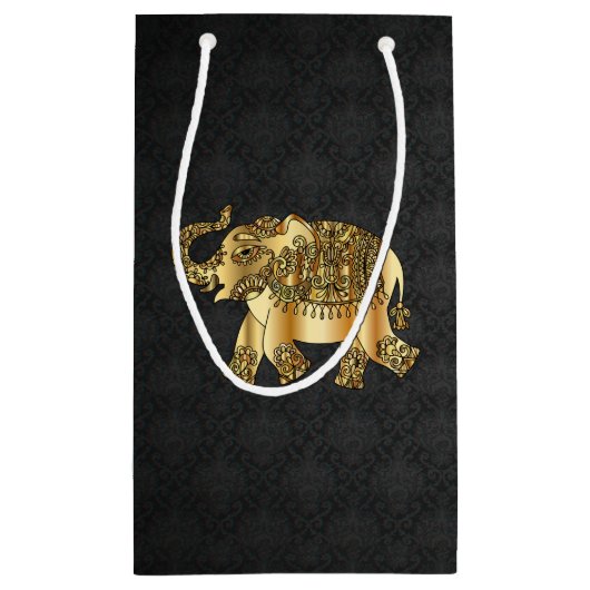 Elegant Gold Paisley Floral Elephant, Black Damask Klein Cadeauzakje (Achterkant)