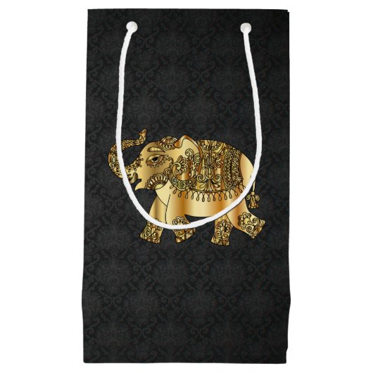 Elegant Gold Paisley Floral Elephant, Black Damask Klein Cadeauzakje (Voorkant)