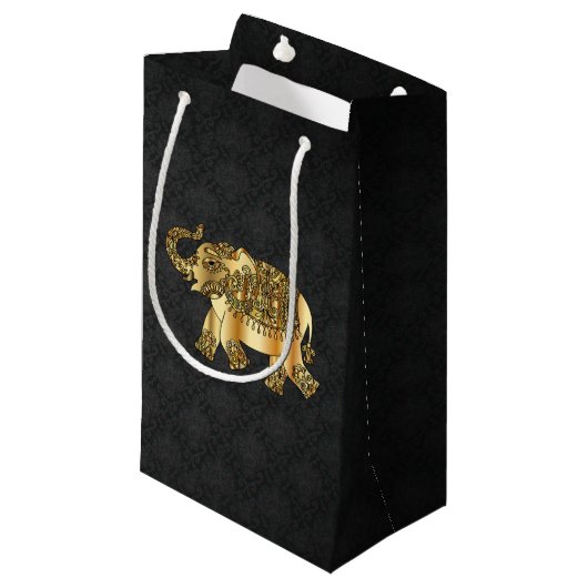 Elegant Gold Paisley Floral Elephant, Black Damask Klein Cadeauzakje (Voorkant Gekanteld)