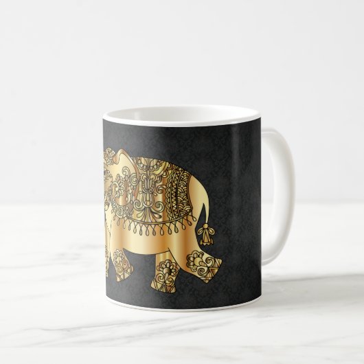 Elegant Gold Paisley Floral Elephant, Black Damask Koffiemok (Voorkant rechts)