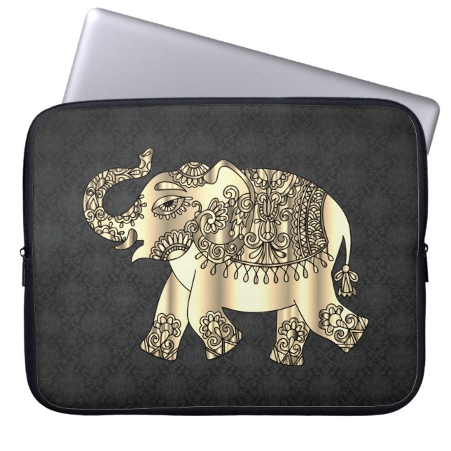 Elegant Gold Paisley Floral Elephant, Black Damask Laptop Sleeve (Voorkant)