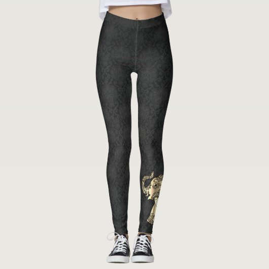 Elegant Gold Paisley Floral Elephant, Black Damask Leggings (Voorkant)