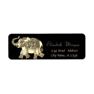 Elegant Gold Paisley Floral Elephant, Black Etiket