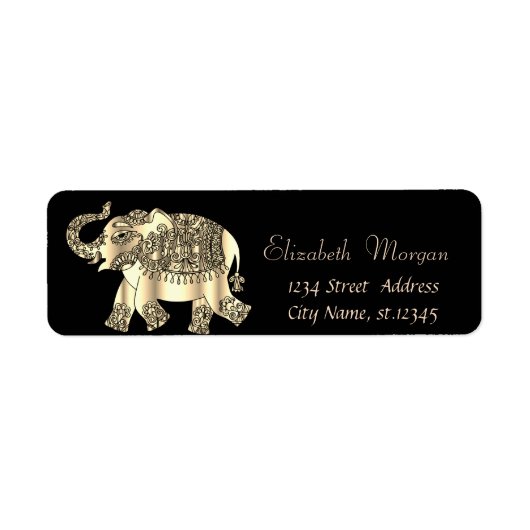 Elegant Gold Paisley Floral Elephant, Black Etiket (Voorkant)