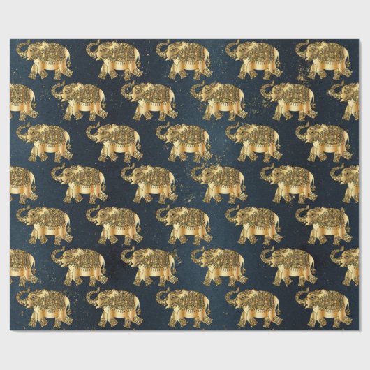 Elegant Gold Paisley Floral Elephant, Donkerblauw Cadeaupapier (Vlak)