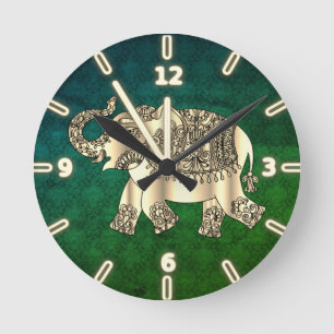 Elegant Gold Paisley Floral Elephant, Green Damask Ronde Klok