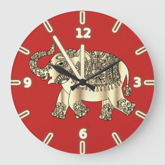 Elegant Gold Paisley Floral Elephant, Red Grote Klok (Voorkant)