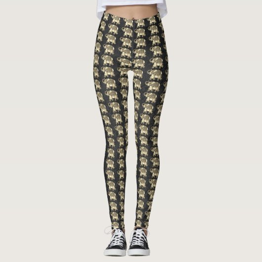Elegant Gold Paisley Floral Elephants, Black Damas Leggings (Voorkant)