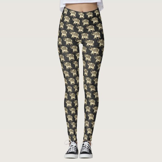 Elegant Gold Paisley Floral Elephants, Black Damas Leggings (Voorkant)