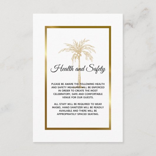Elegant Gold Palm Tree Wedding Health and Safety Informatiekaartje (Voorkant)
