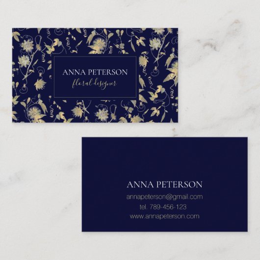 Elegant Gold Passion Flower Vine Dark Navy Blue Visitekaartje (Voorkant / Achterkant)