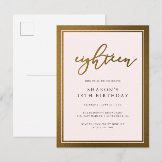 Elegant Gold & Pastel Pink 18e verjaardag Uitnodiging Briefkaart (Voorkant / Achterkant)