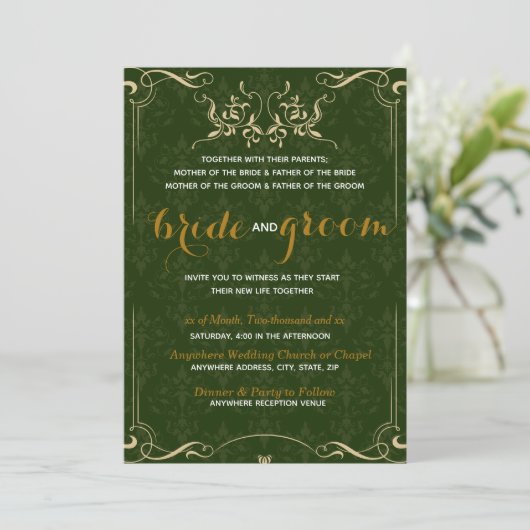 Elegant Gold Pattern in Emerald BG Wedding Kaart (Staand voorkant)
